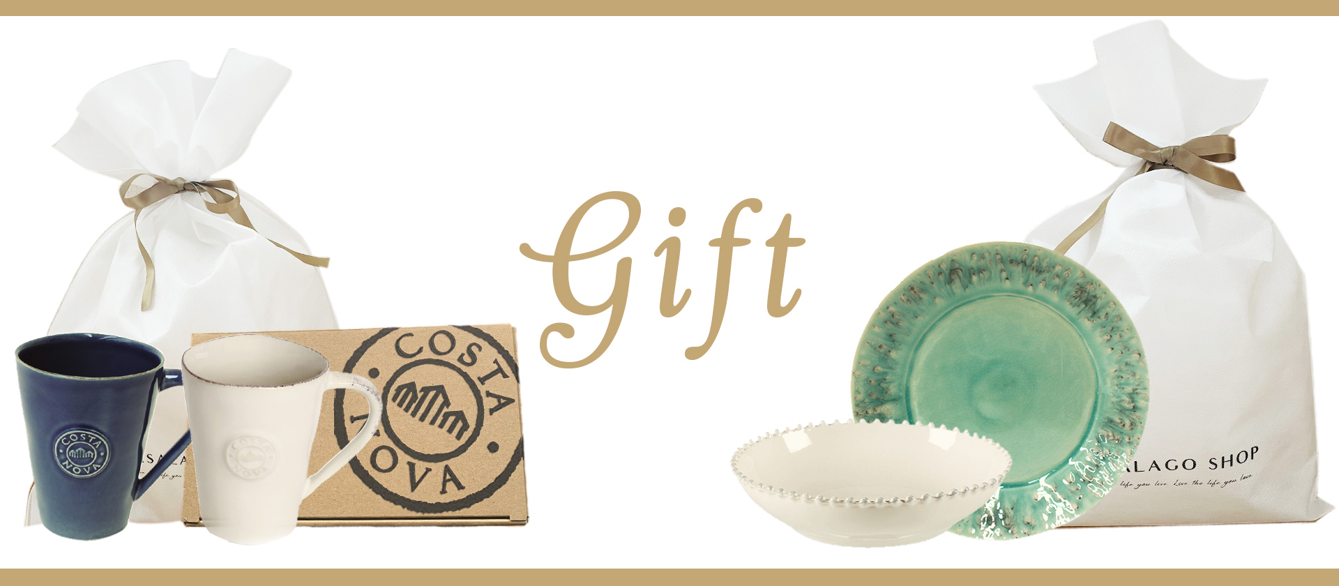 CASALAGO SHOPの食器のギフト。好きな食器をいれるラッピングバッグや通年のプレゼントとしてギフトボックス入りマグセットなどをご用意しています